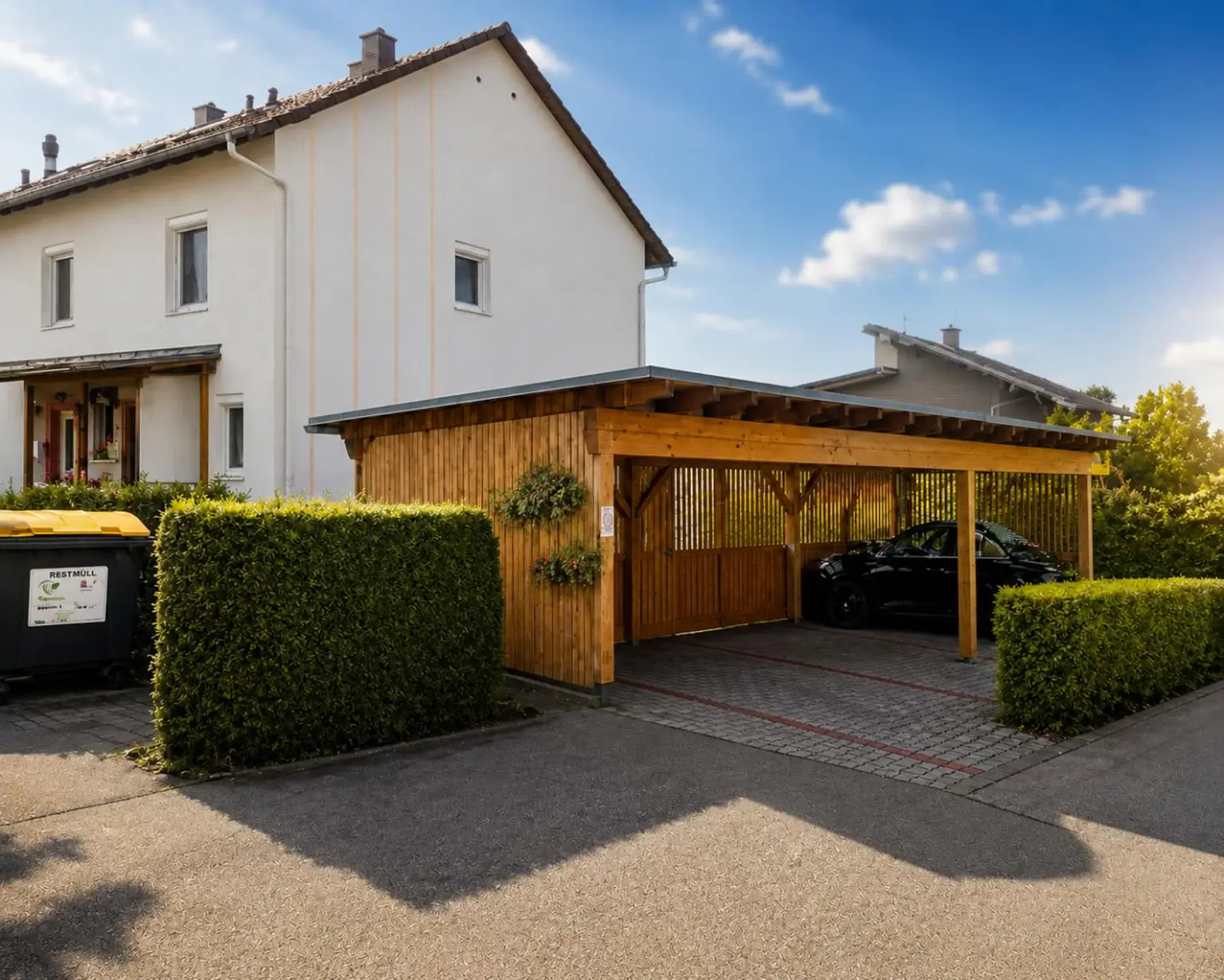 Hausansicht und Sicht zum Carport