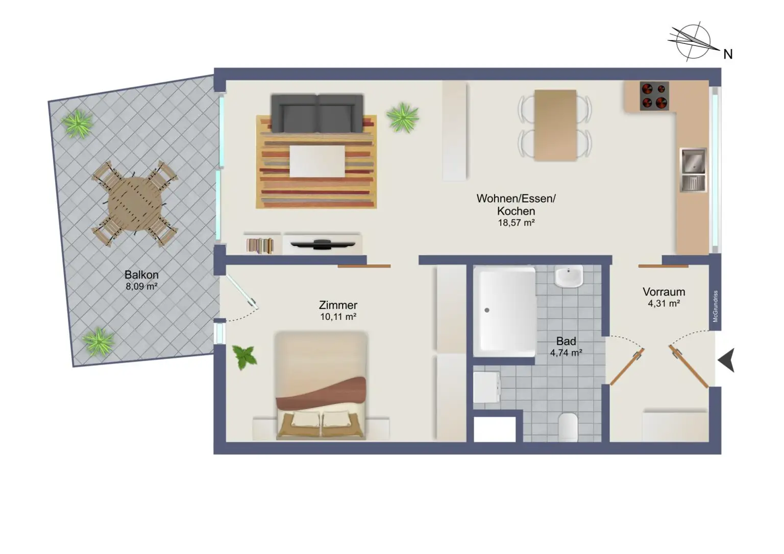 Bezugsfertige vollmöblierte 2-Zimmer-Wohnung mit Balkon