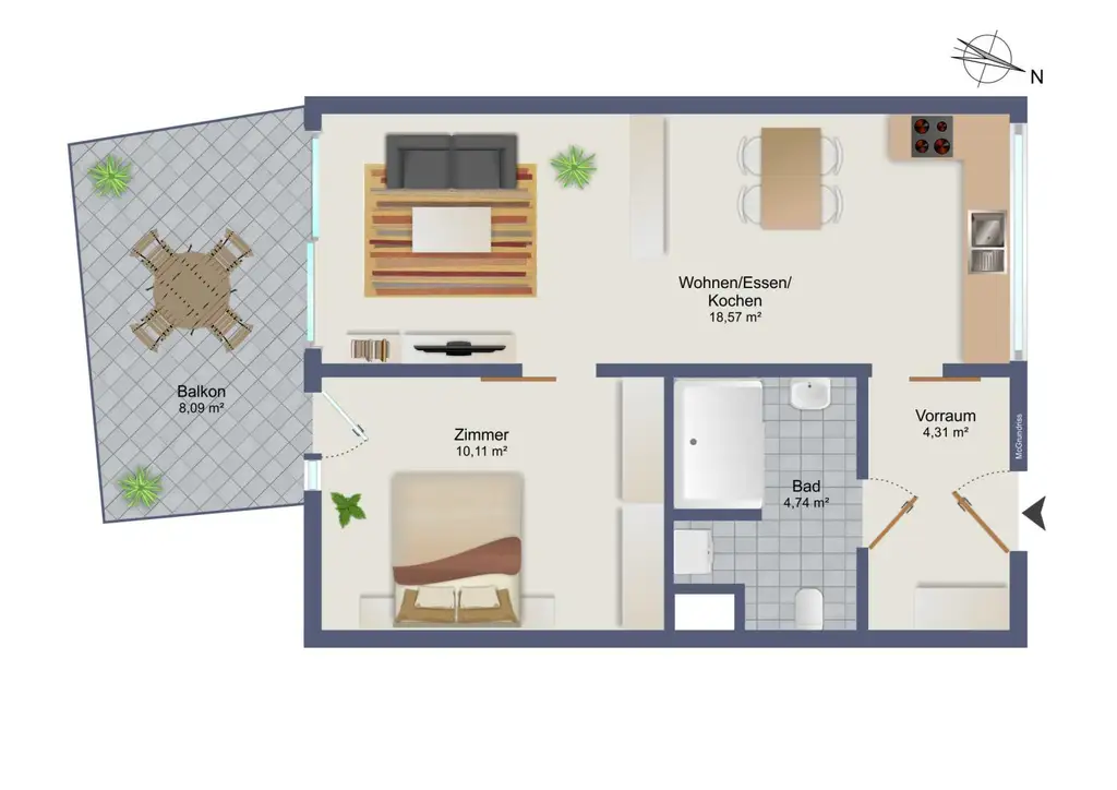 Bezugsfertige vollmöblierte 2-Zimmer-Wohnung mit Balkon