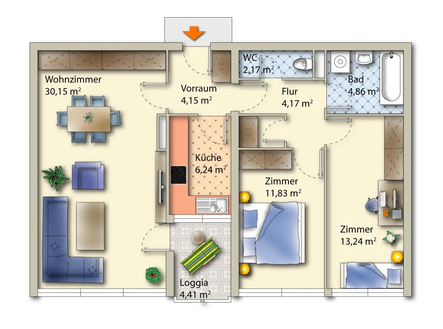 3‑Zimmer‑Wohnung  nahe U‑Bahn in Wien 1110 - 80m² (inkl. Loggia)