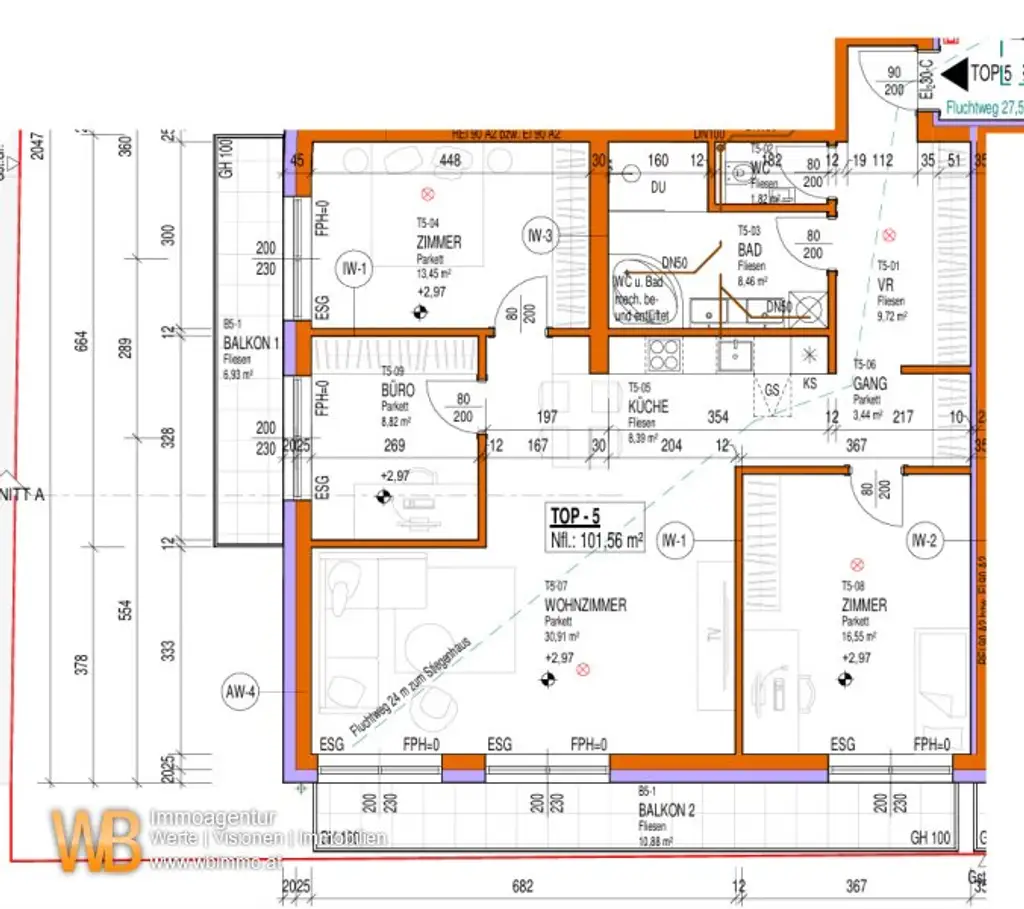 Erstbezug mit 101m² WFL + 2 Balkone 18m², 31m² Wohnküche & Zi-16m²+13m²+9m², 60m² PKW-Stellplatz