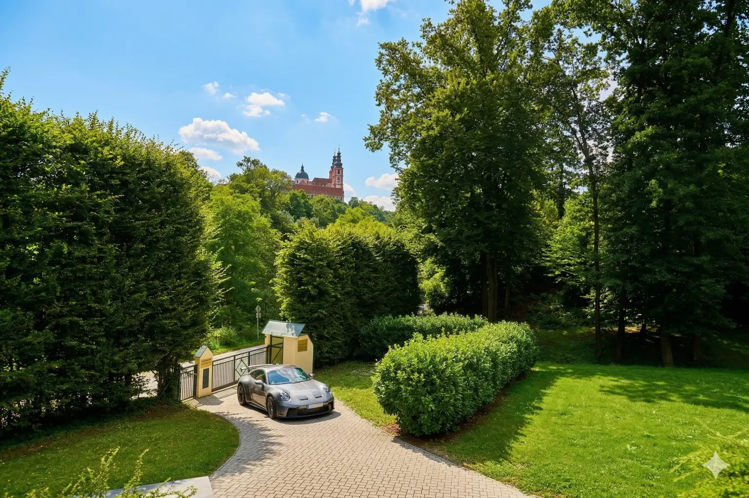 Einfahrt mit Blick auf die Basilika