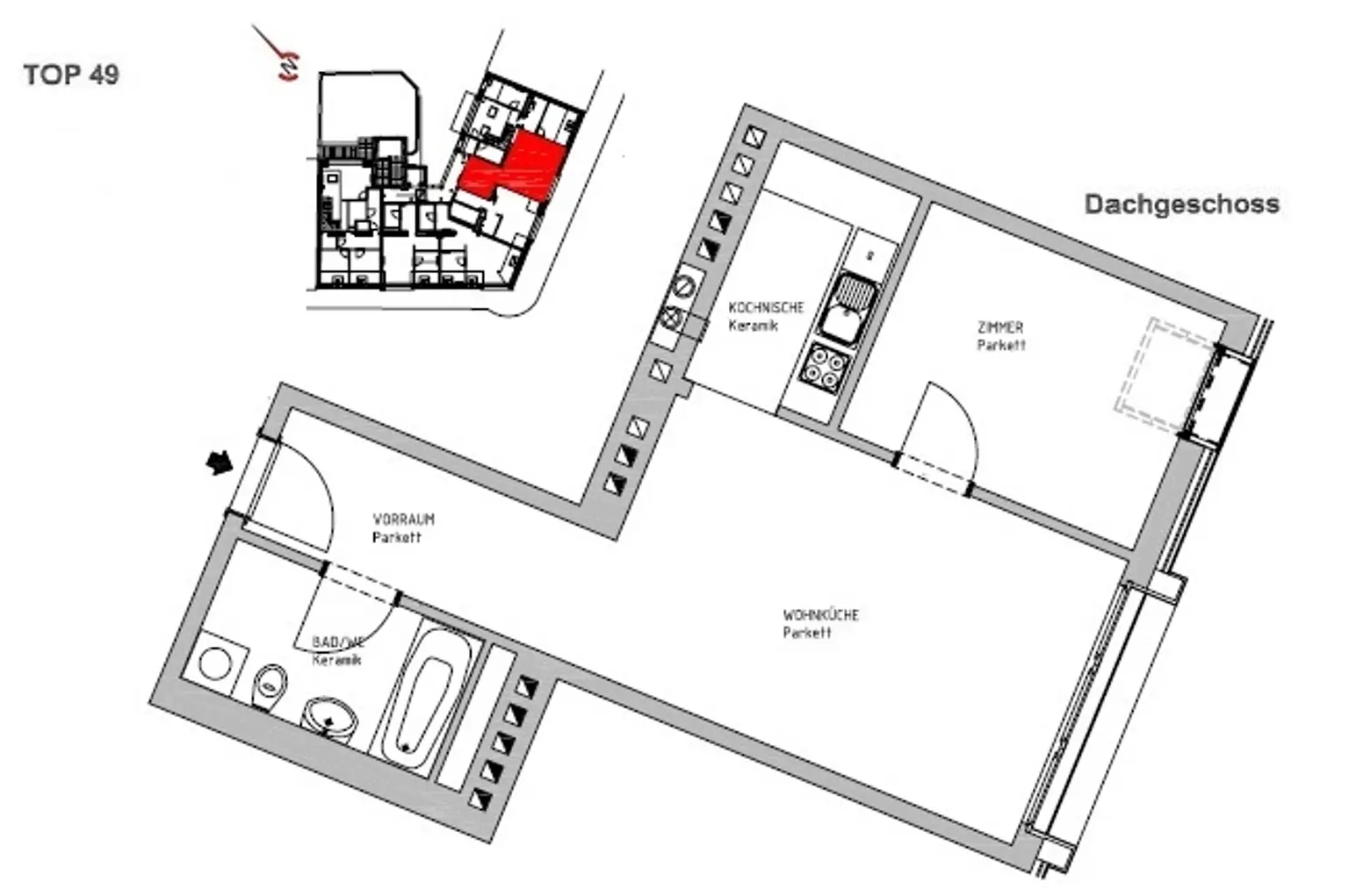 Unbefristet vermietete 2 Zimmer Wohnung im ausgebauten Dachgeschoss!