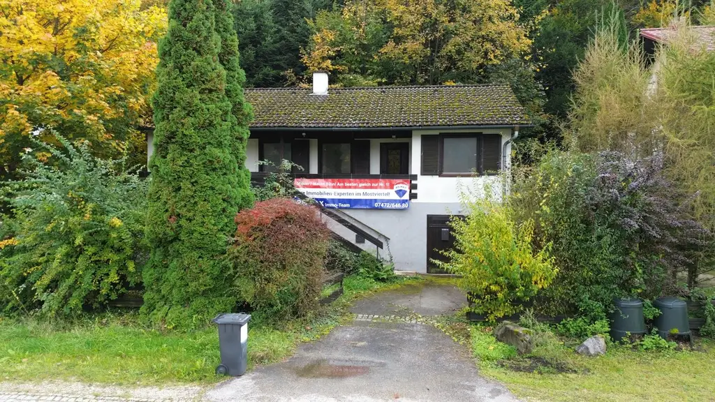 Grundstück mit Blick auf die Donau und sanierungsbedürftigem Bungalow