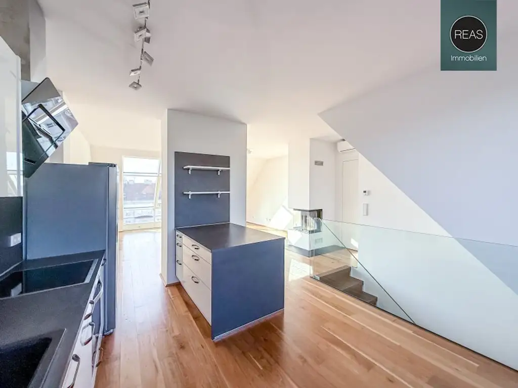 Provisionsfrei: Klimatisierte Dachgeschoss Maisonette mit 2 Terrassen und Kamin nahe Uno City!