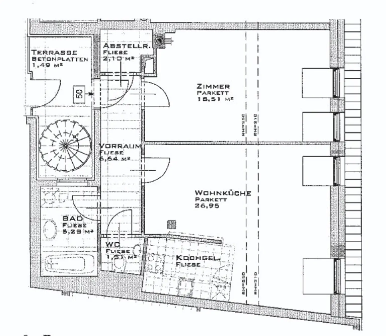 TERRASSENHIT, 61 m2 Dachgeschoß mit 48 m2 Terrasse, Wohnküche, 1 Zimmer, Wannenbad, Parketten, Fernblick, Holbeingasse