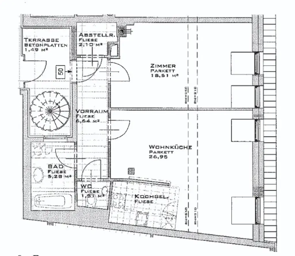TERRASSENHIT, 61 m2 Dachgeschoß mit 48 m2 Terrasse, Wohnküche, 1 Zimmer, Wannenbad, Parketten, Fernblick, Holbeingasse
