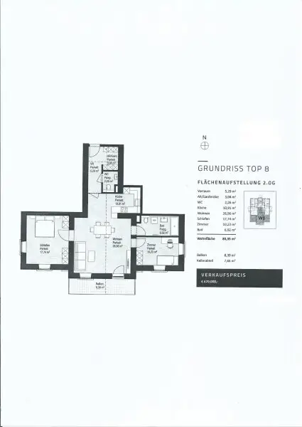 Plan - Große 3 Zimmerwohnung mit Aufzug und Balkon in generalsanierter Ceconi-Villa Kauf Elisabeth-Vorstadt Salzburg