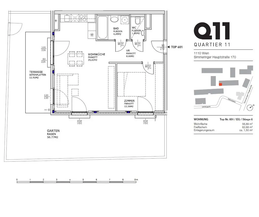 Q11 Leben in Simmering - 
Schöne Gartenwohnung mit 2 Zimmern, Terrasse und Deckenkühlung!