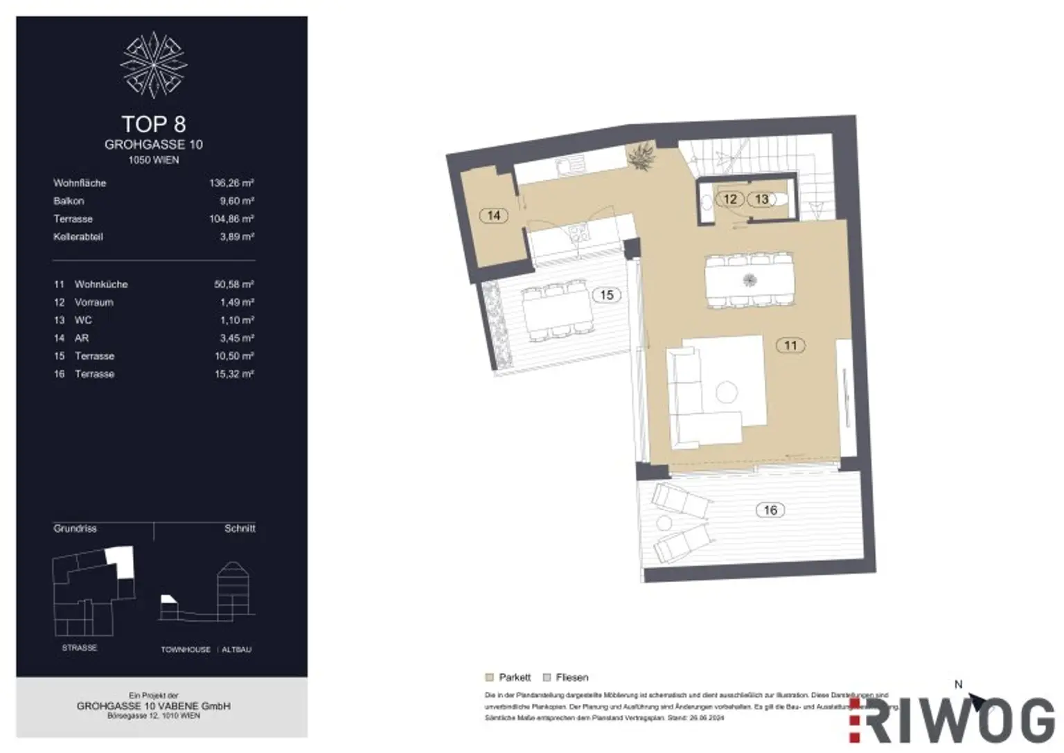 GROHGASSE 10 | innenhofseitige 4-Zimmer Maisonette-Wohnung mit herausragender Dachterrasse komplett ohne Schrägen | Townhouse