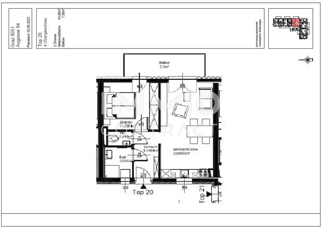 2 Zimmer Wohnung mit Balkon - Augasse 94 - Top 20