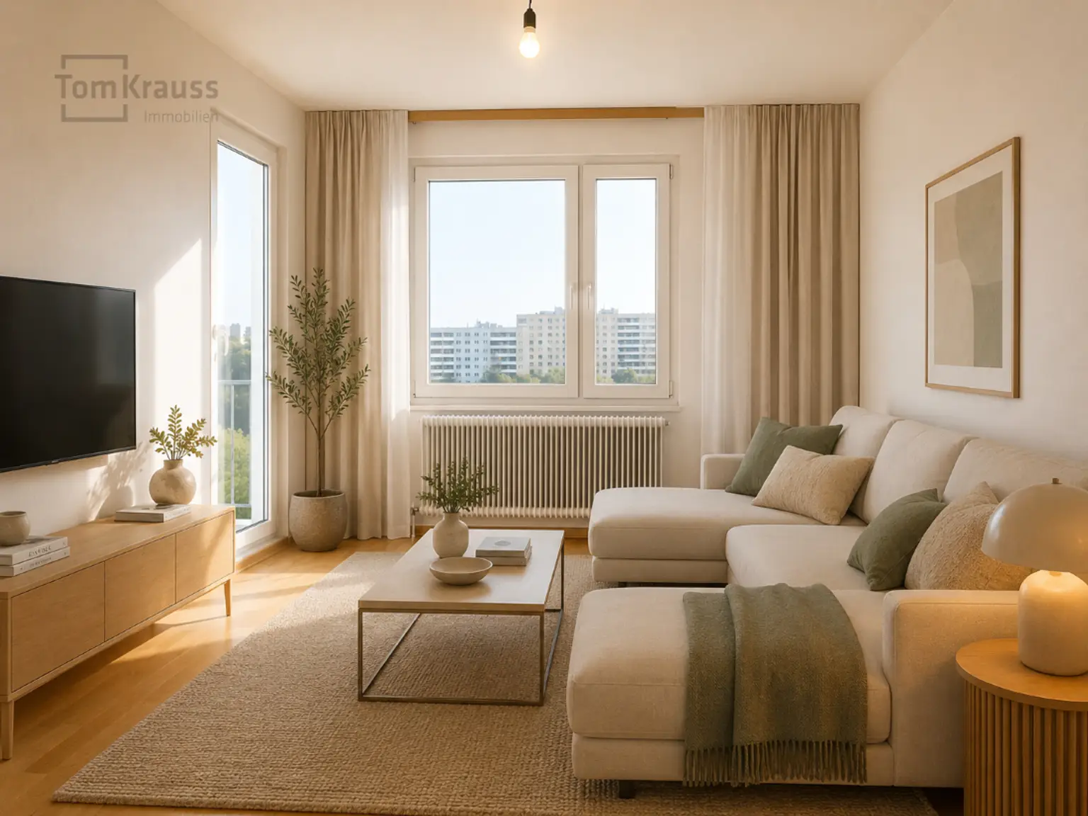 Wohnzimmer mit Ausblick KI möbliert