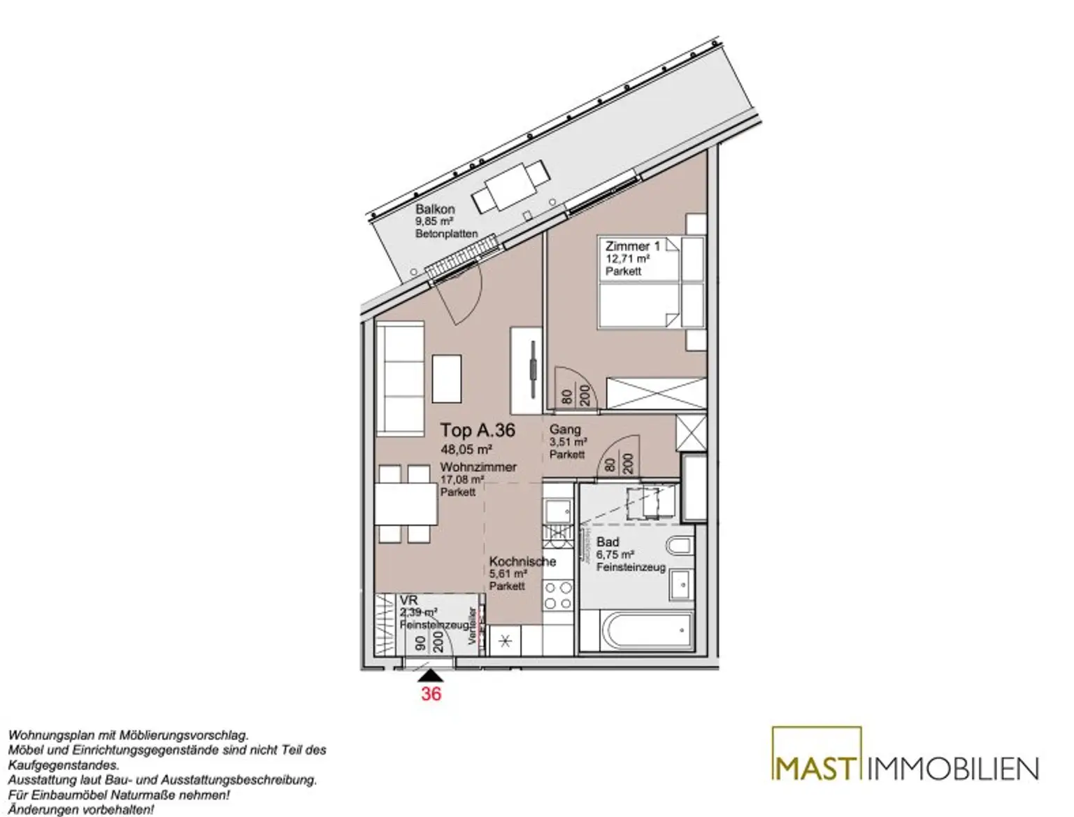5. Liftstock - Provisionsfreie 2 Zimmer Wohnung mit 10 qm Balkon!