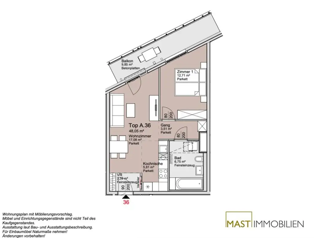 5. Liftstock - Provisionsfreie 2 Zimmer Wohnung mit 10 qm Balkon!