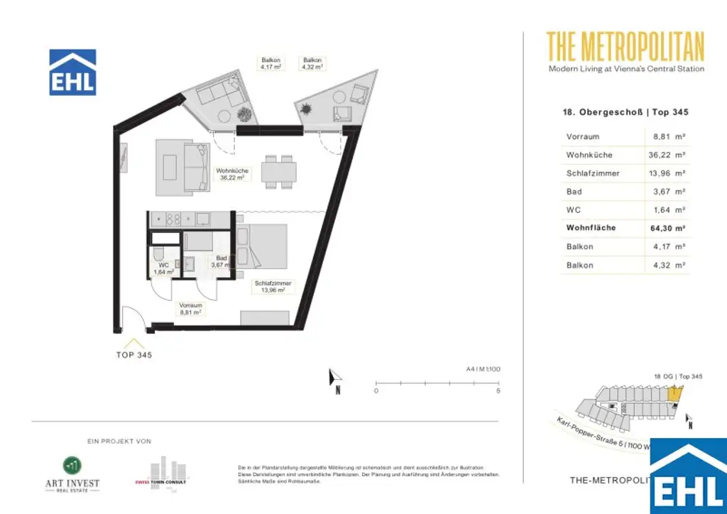 Sonnwendviertel: 1-Zimmer-Wohnung mit Balkon im 18. OG – Fitnessraum, Co-Working & Rooftop-Terrasse inklusive!