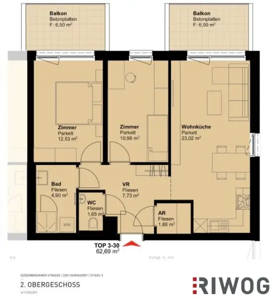 Erstbezug nach Neuerrichtung: 3-Zimmerwohnung mit 2 Balkone