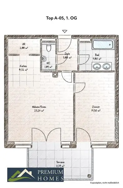 Grundriss Top A-05 im 1. OG mit großem Balkon