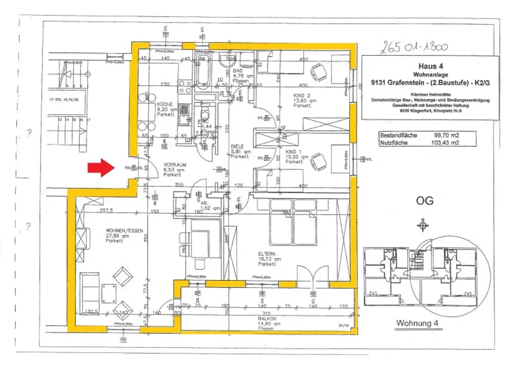 Traumhafte 100m² 4 Zi Wohnung plus 15,00m² Südbalkon in Grafenstein - 10 min. nach Klagenfurt