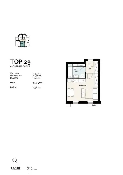 Miete: Ideale Starterwohnung im 6. Liftgeschoss | 1-Zimmer Wohnung mit Balkon | 1100 Wien