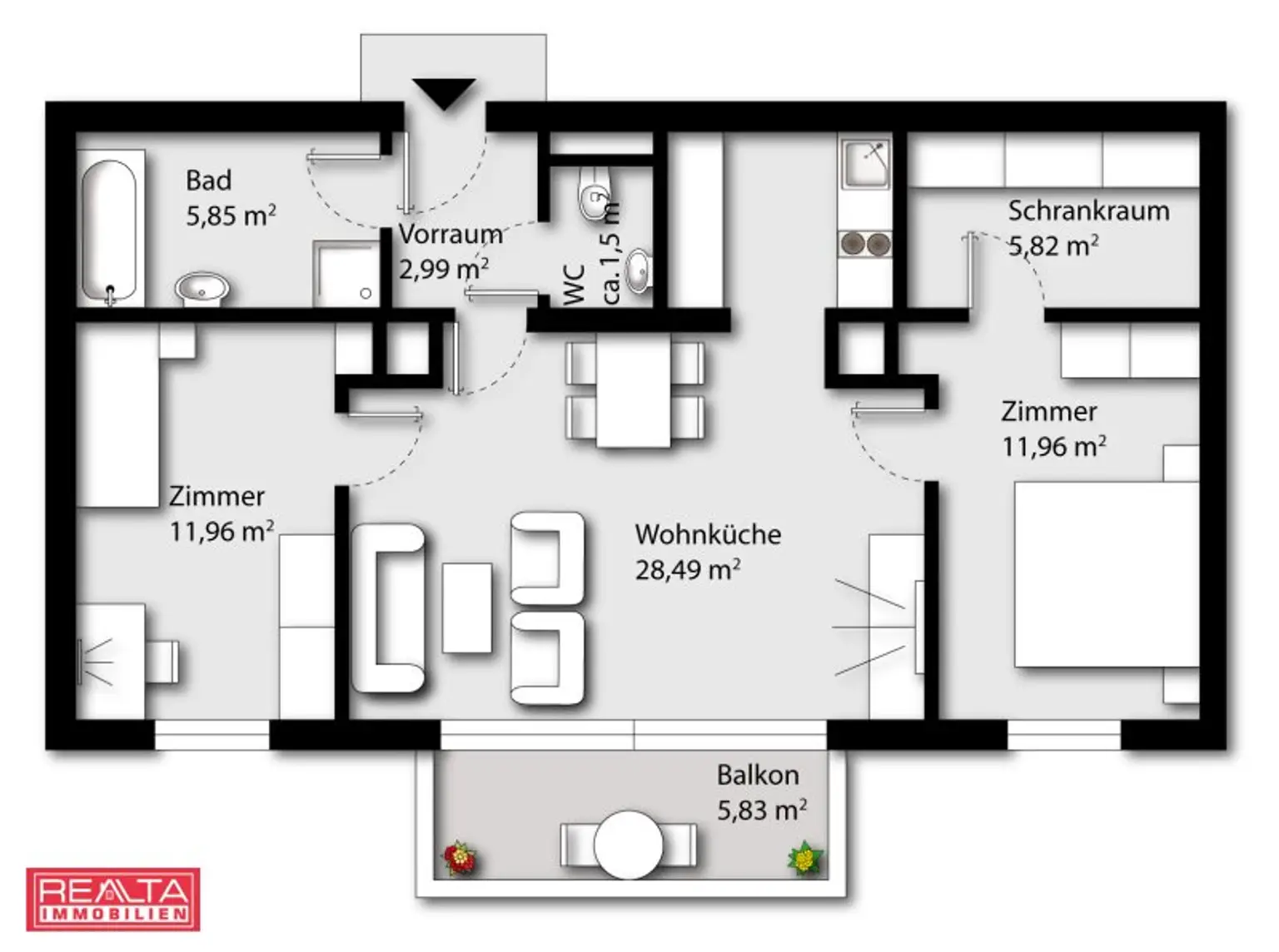 3-Zimmer-Wohnung mit Balkon, Pool und Gemeinschaftsgarten