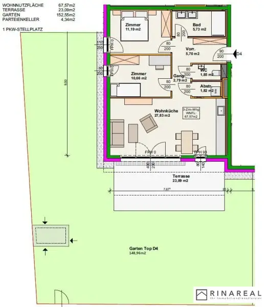 Traumhafte 3 Zimmer Gartenwohnung | Blumengasse - ERSTBEZUG | ca. 23 m² Terrasse & ung.150 m² Eigengarten | zzgl. Tiefgaragenstellplatz | Top D4
