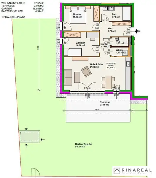 Traumhafte 3 Zimmer Gartenwohnung | Blumengasse - ERSTBEZUG | ca. 23 m² Terrasse & ung.150 m² Eigengarten | zzgl. Tiefgaragenstellplatz | Top D4