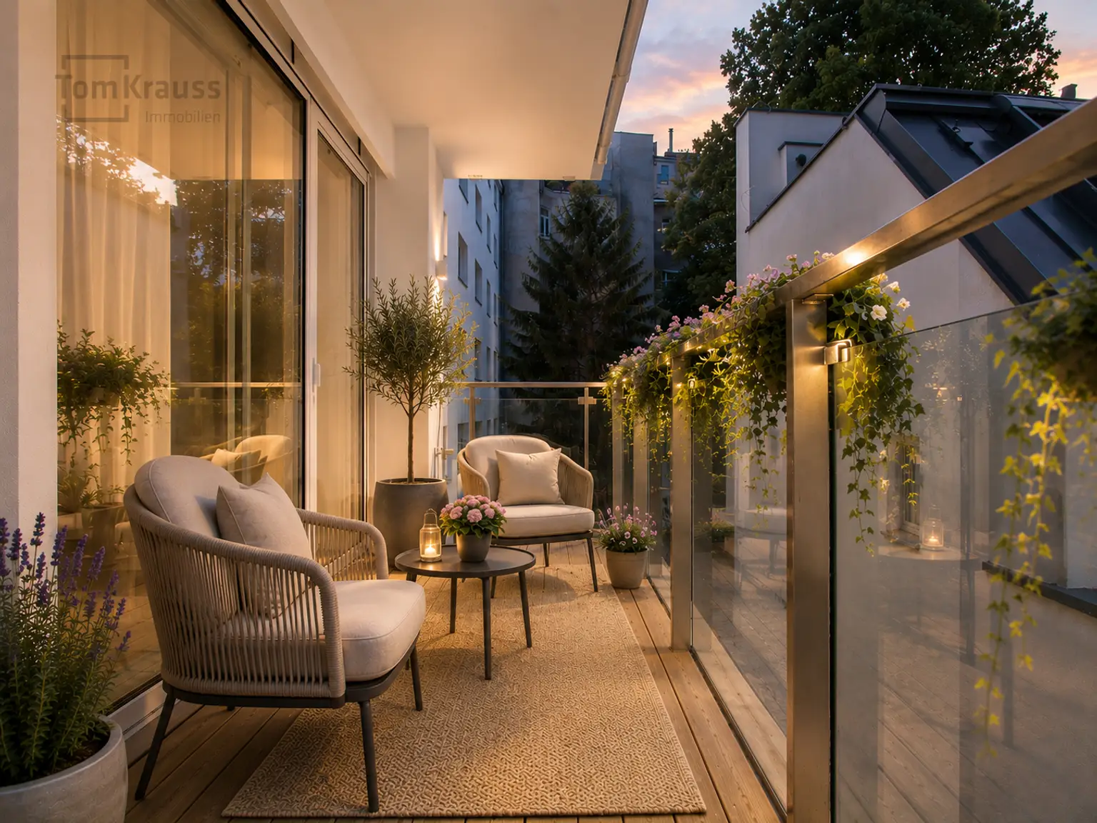 Balkon Abend KI möbliert