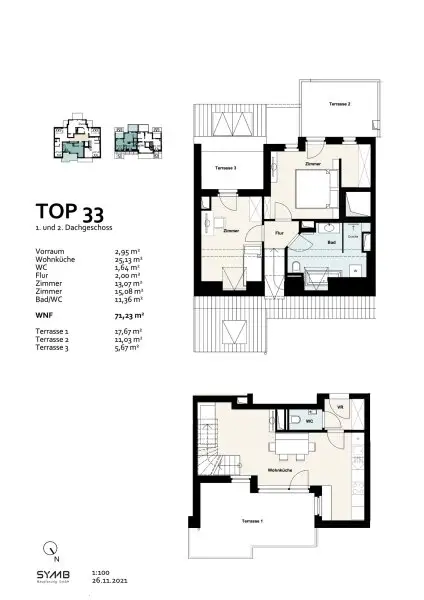 Miete: 3-Zimmer Maisonettewohnung in 1100 Wien mit mehreren Terrassen | 71,23 m² Wohnfläche