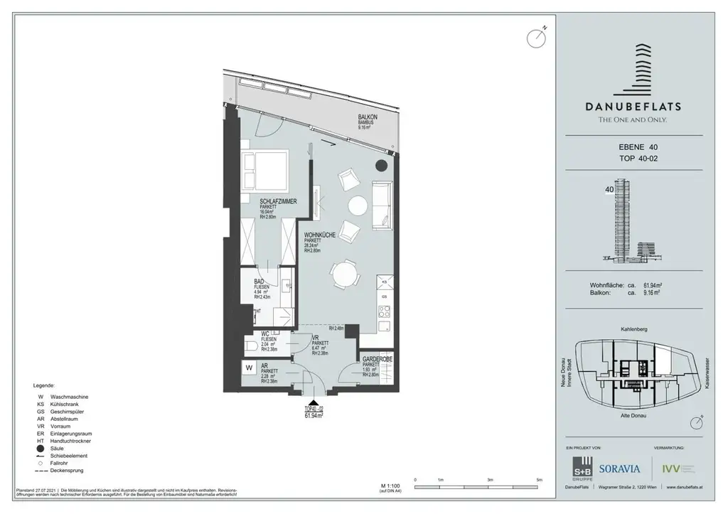 DANUBEFLATS. New - 2 Zimmer Wohnung - 40. Stock inkl. Sonnenuntergang