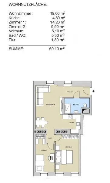 Wohnungsplan ca. 60,10 m² + Balkon bewilligt
