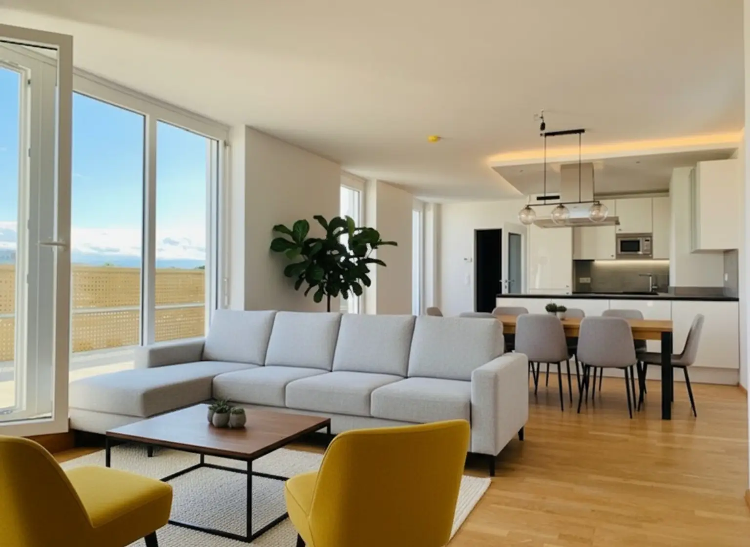 Blick vom Wohnbereich zum Küchenbereich: KI eingerichtet