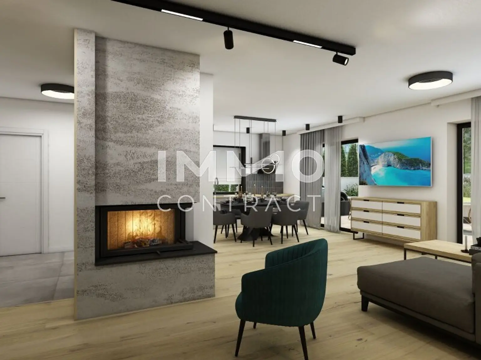 Blick von Treppenaufgang auf Kamin