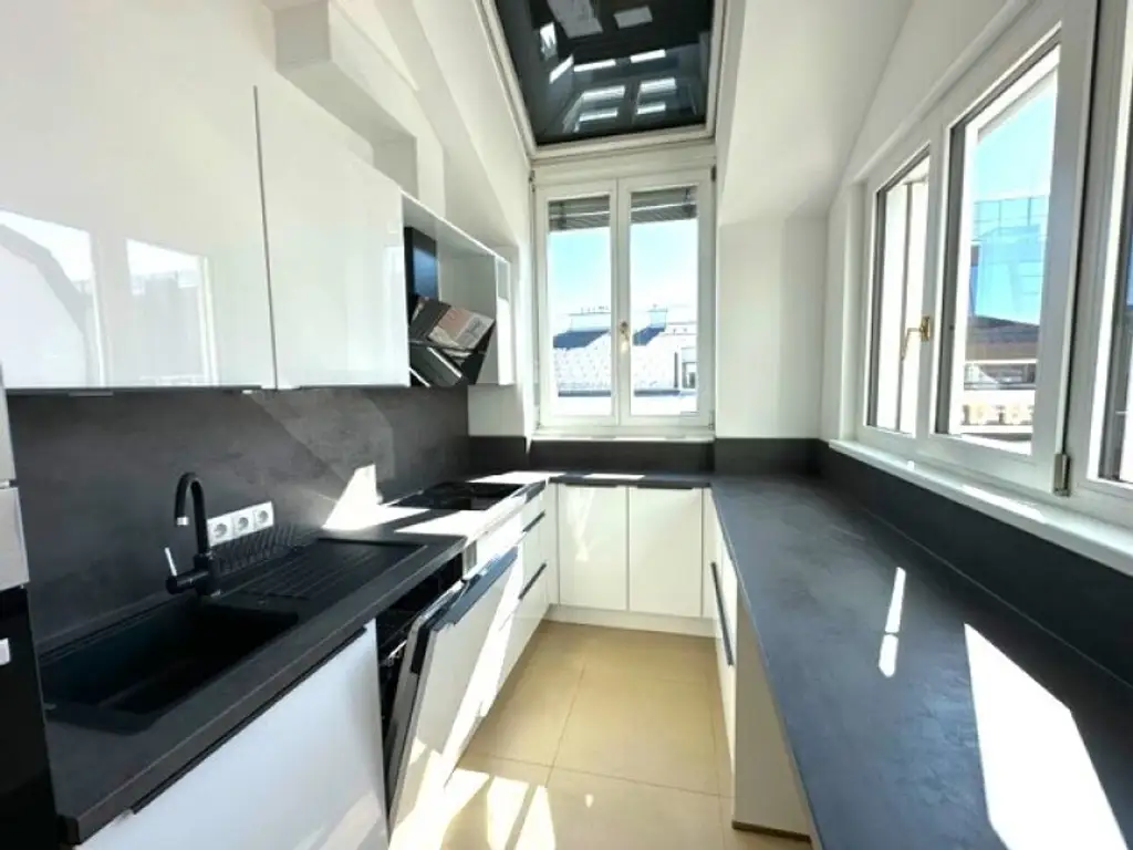 BÖRSE-NÄHE, klimatisiertes 98 m2 Dachgeschoss mit 9 m2 Terrasse, 3 Zimmer, Extraküche, 2 Bäder, Gonzagagasse