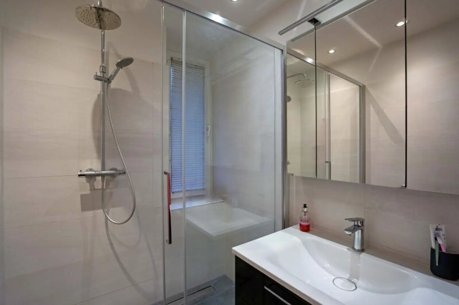 Dusche, Waschtisch, Spiegelschrank und Fenster