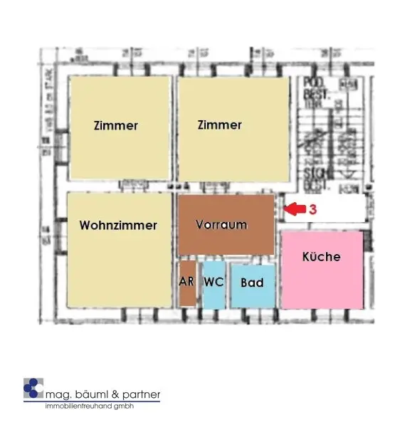 3 geräumige Zimmer, Küche mit Essplatz, Gartennutzung und PKW Stellplatz
