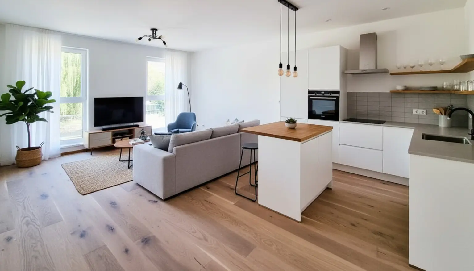 Wohn- und Küchenbereich; KI generierte Einrichtung
