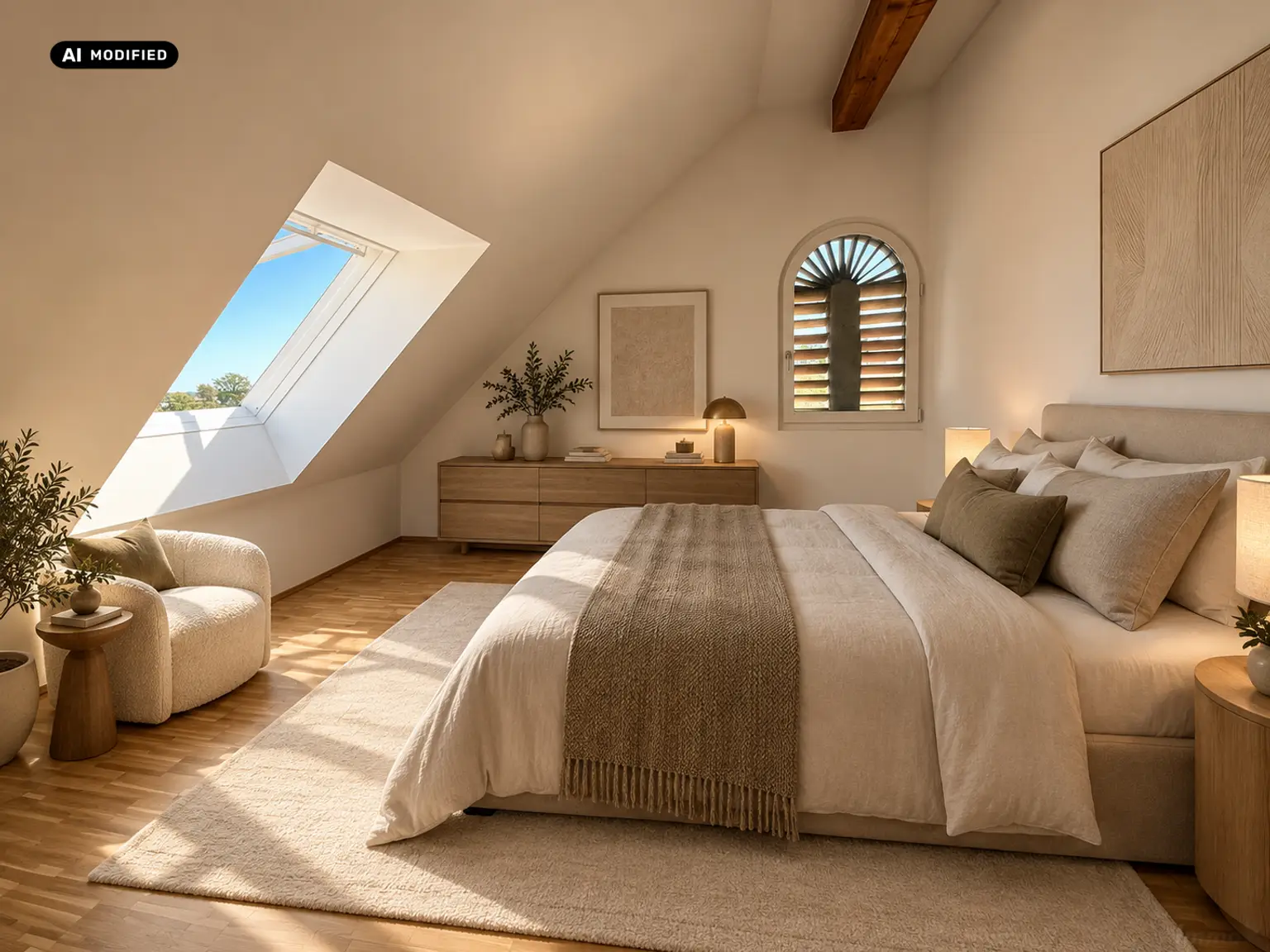 KI-bearbeitet – helles Schlafzimmer