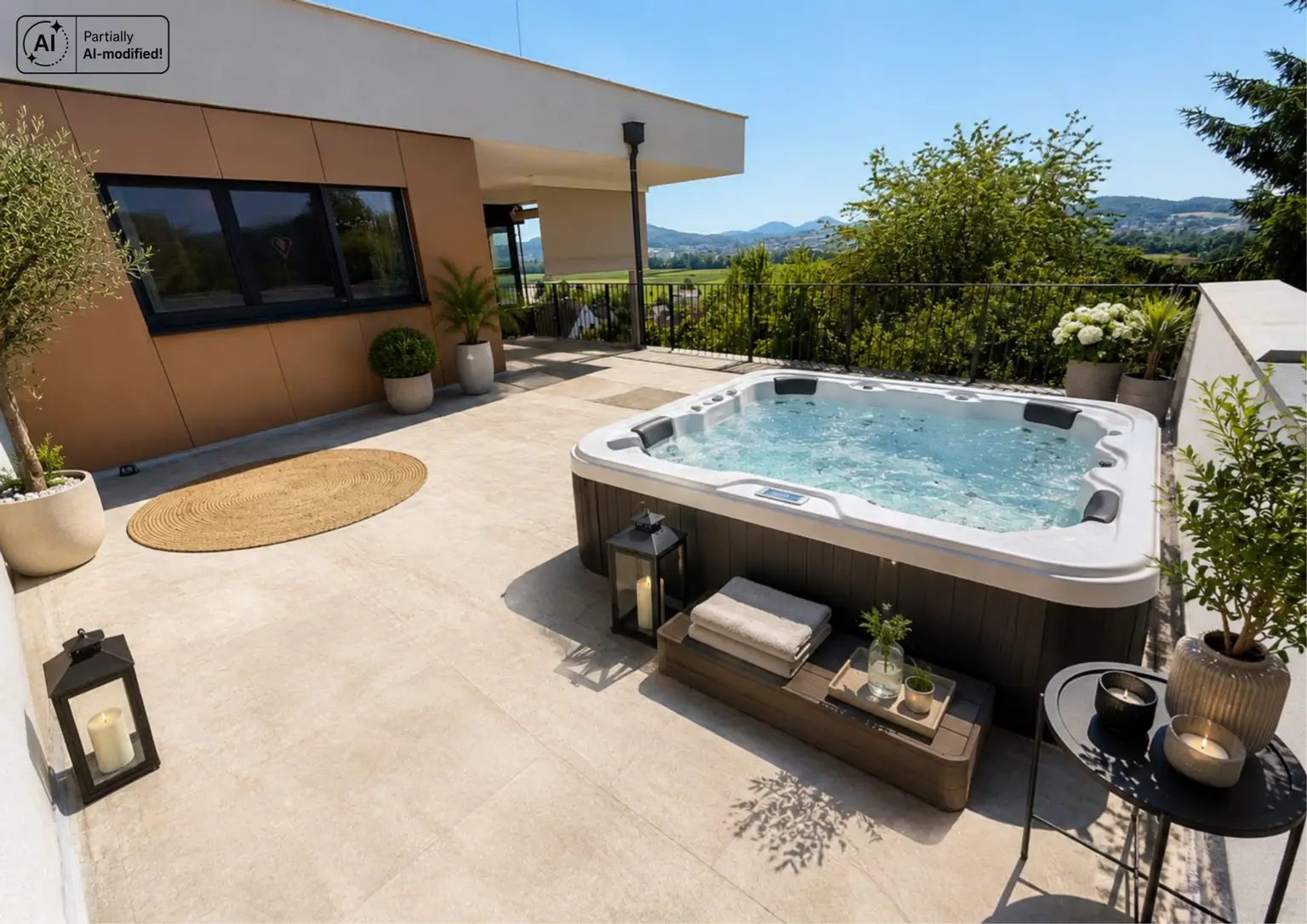 obere Terrasse mit Jacuzzianschluss und Panoramablick