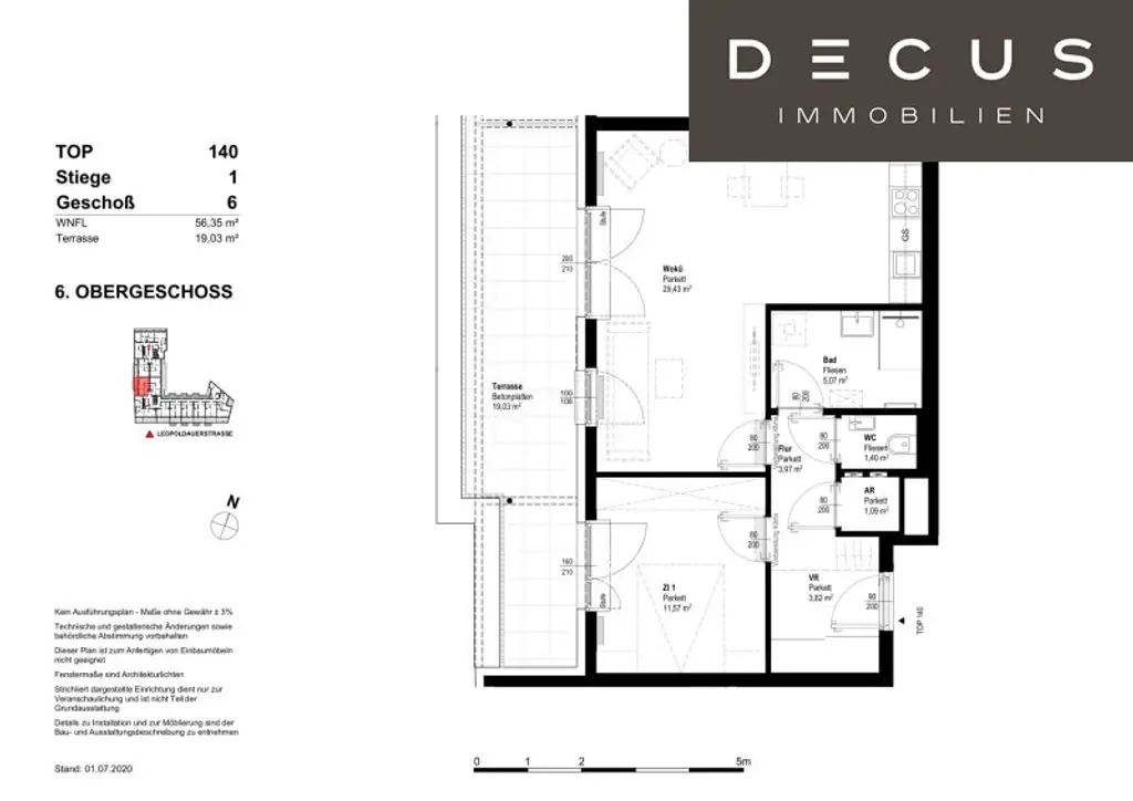 + RICHTUNG WESTEN + ZWEI ZIMMER + 19 QM GROSSE TERRASSE + 6. STOCK + NIEDRIGENERGIEHAUS + NAHE THERESA-TAUSCHER-PARK
