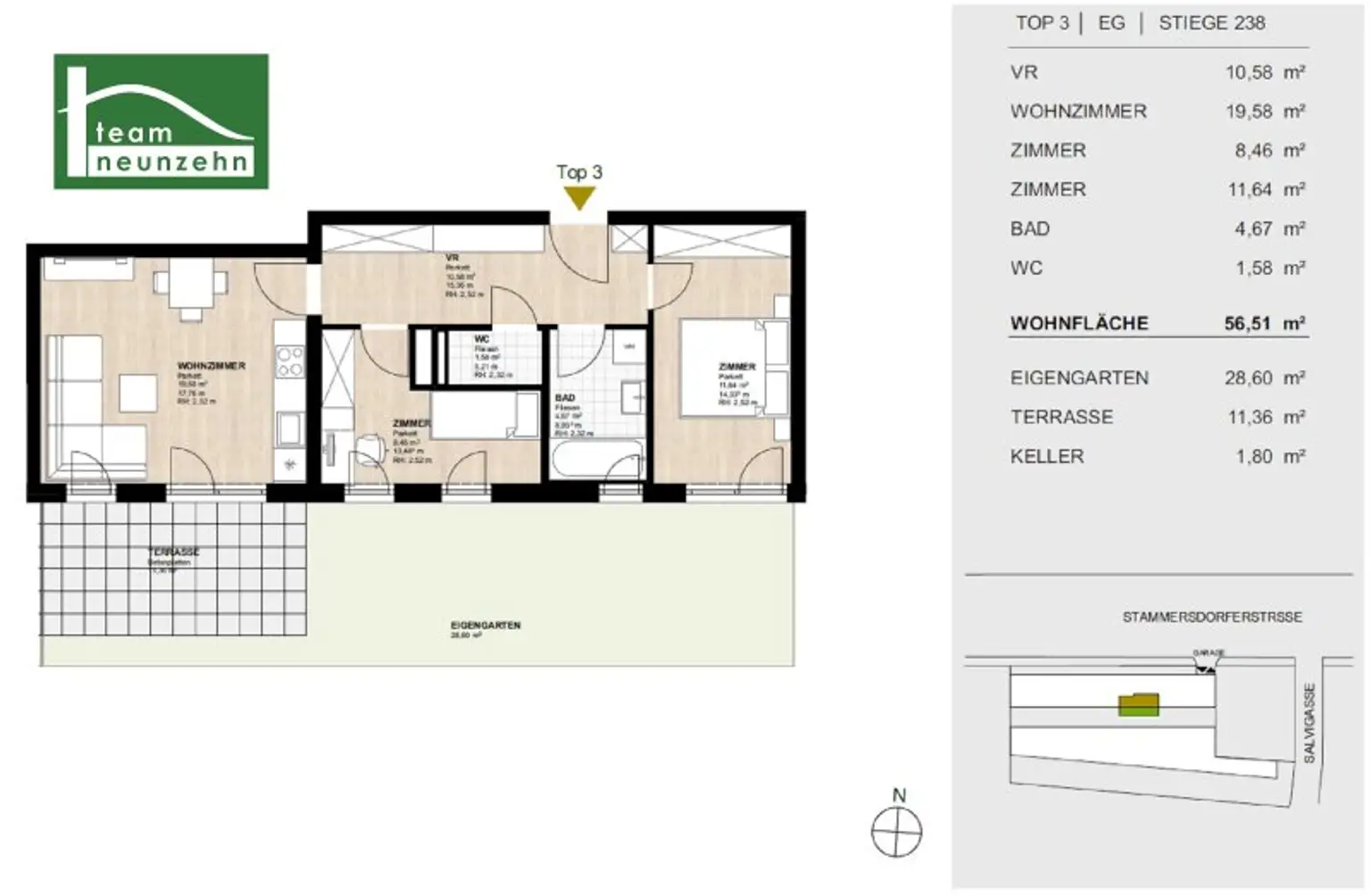 Wohnen in Grünruhelage im Herzen Stammersdorfs - 3-Zimmer Wohnung mit Garten - ab sofort beziehbar!
