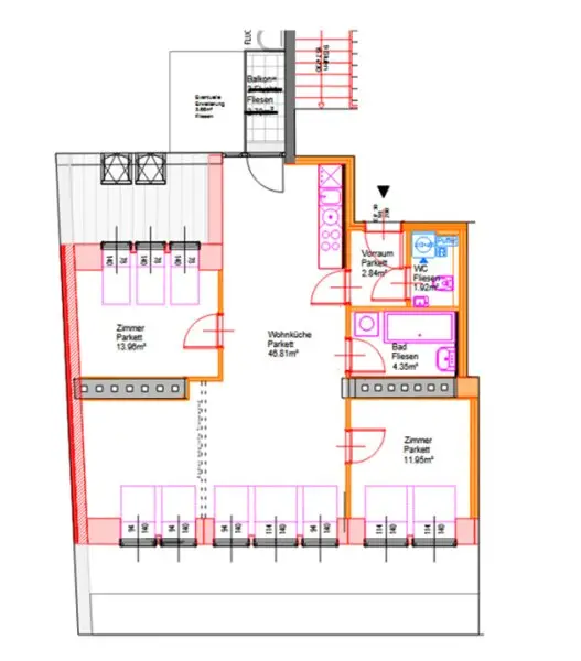 ERSTBEZUG, DACHGESCHOSS, klimatisierte 82 m2 Neubau mit Balkon, Wohnküche, 2 Zimmer, Wannenbad, Parketten, Augarten