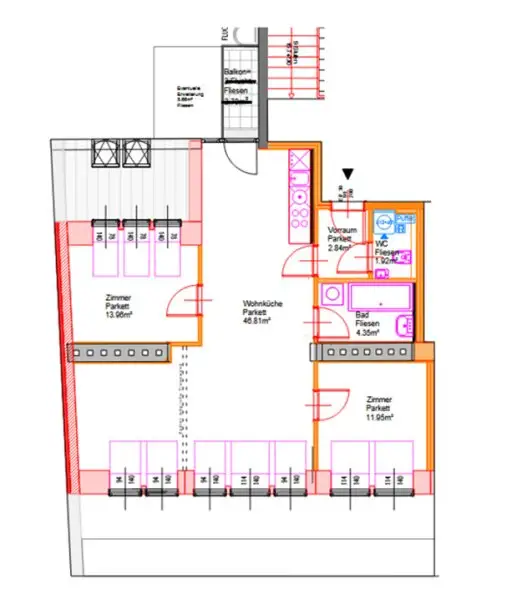 ERSTBEZUG, DACHGESCHOSS, klimatisierte 82 m2 Neubau mit Balkon, Wohnküche, 2 Zimmer, Wannenbad, Parketten, Augarten