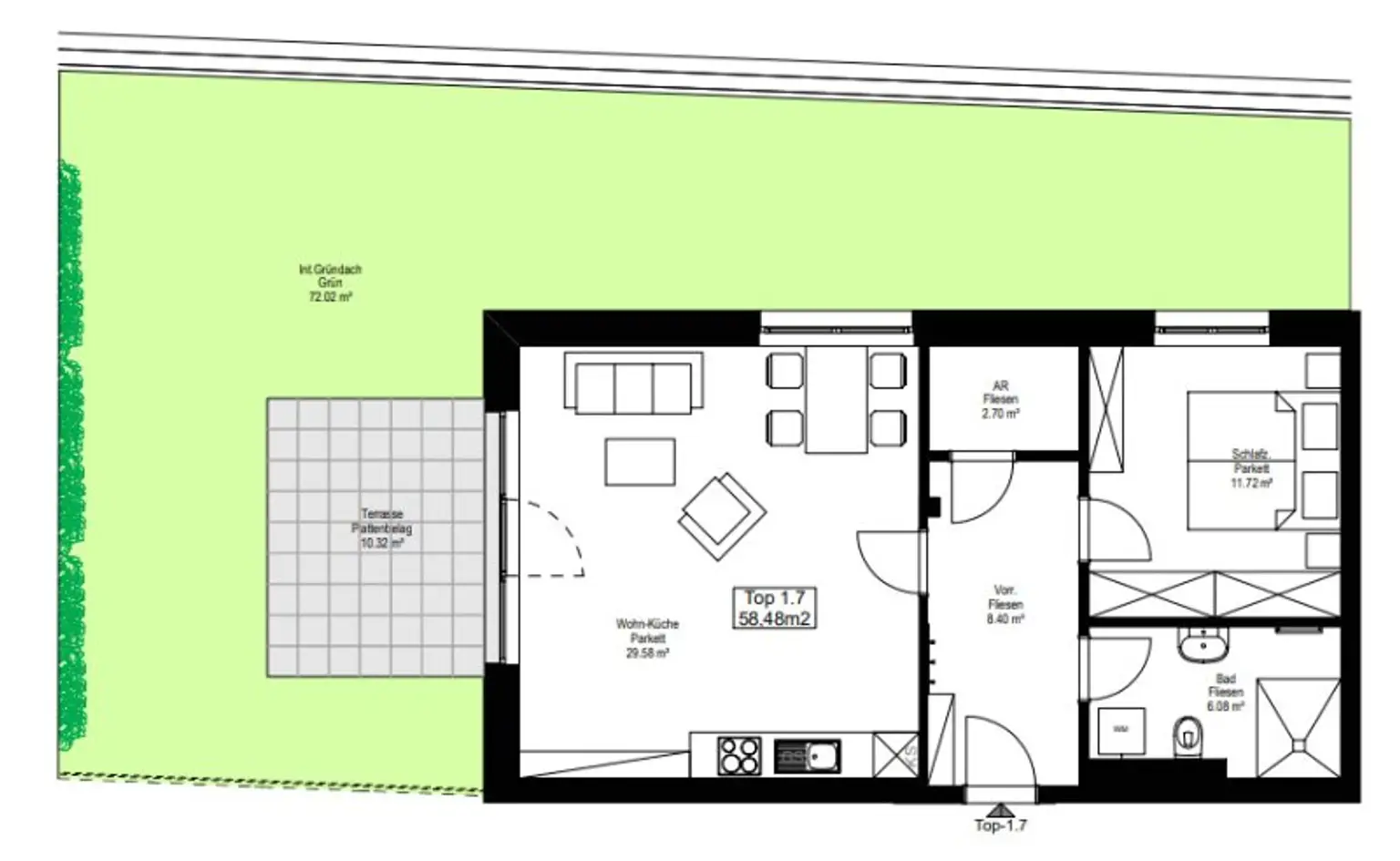 TOP 1.7 - NEUBAU - ERSTBEZUG - 2 Zimmerwohnung mit Eigengarten, Terrasse, ein eigener Tiefgaragenplatz