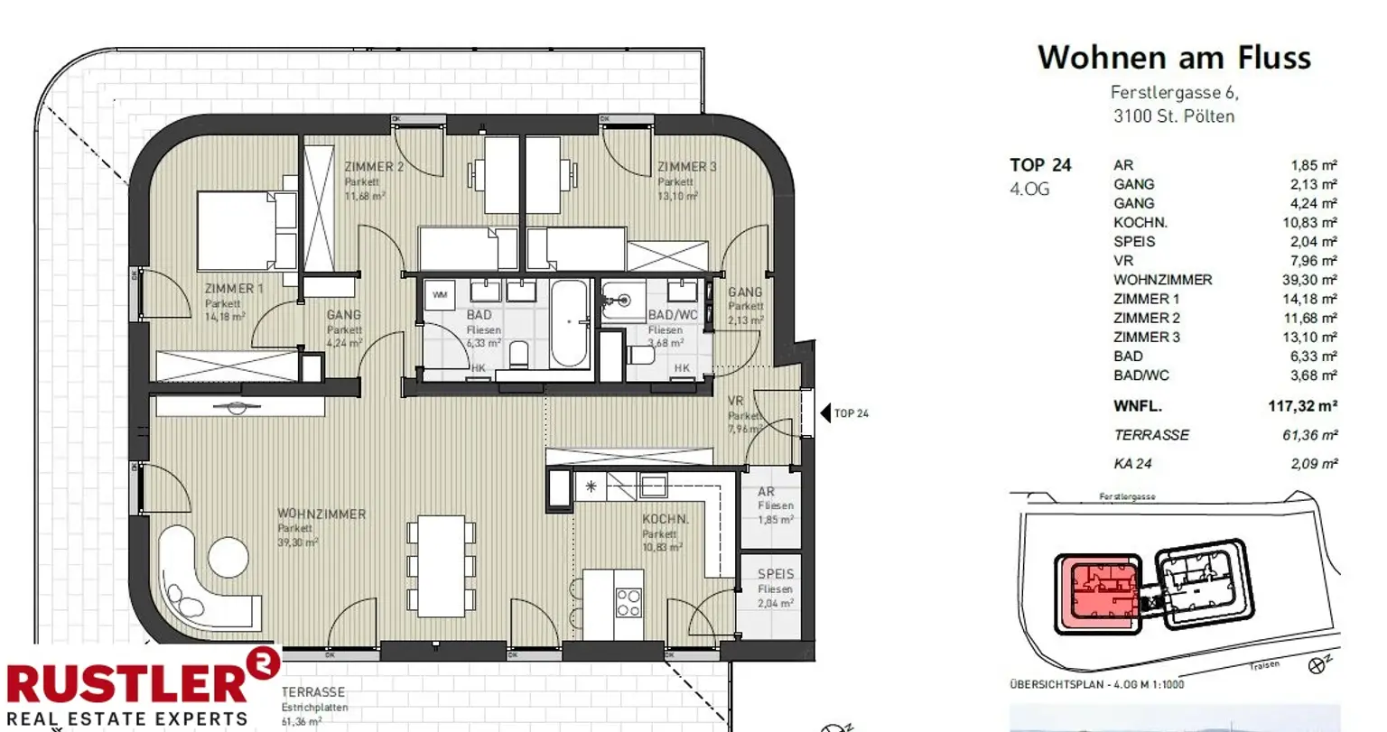 4-Zimmer-Dachterrassenwohnung mit einem unverbauten Blick auf die Traisen.