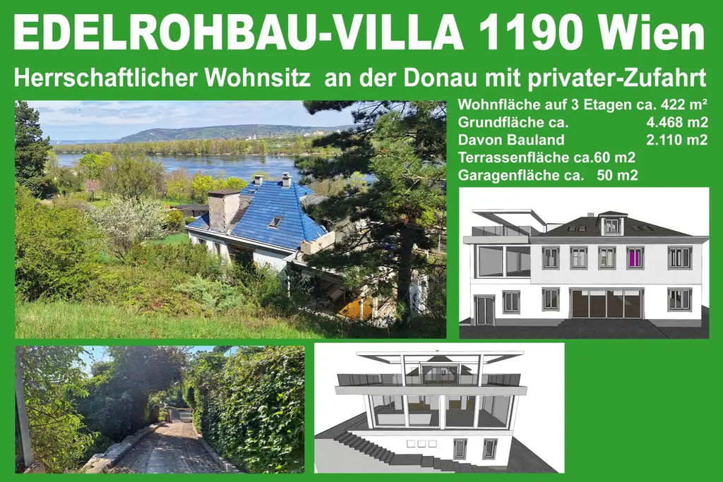 Edelrohbau-Villa, Herrschaftlicher Wohnsitz am Fuße des Kahlenberges an der Donau. Teilrestauriert entkernt und komplette Ausbauplanung.