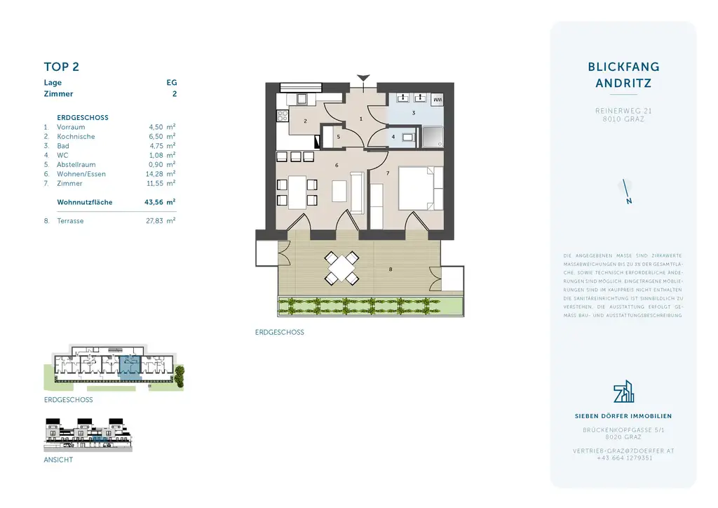 Charmante 2-Zimmer-Terrassenwohnung: ca. 43,56 m² WNF, ca. 27,83 m² Terrasse