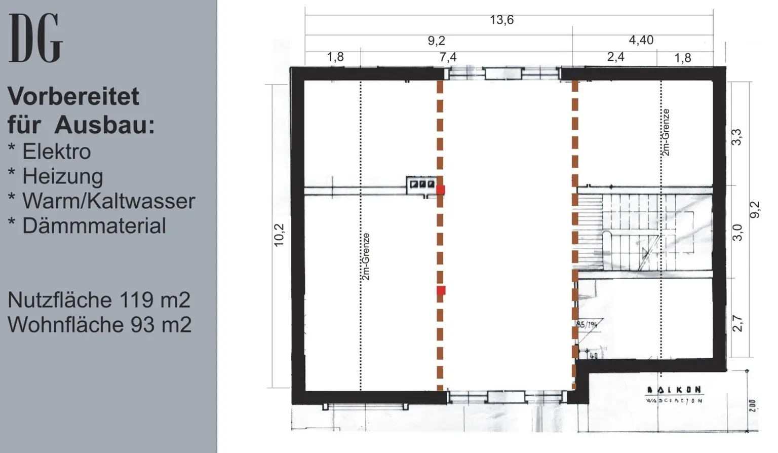 Grundriss Dachgeschoss, vorbereiteter Ausbau