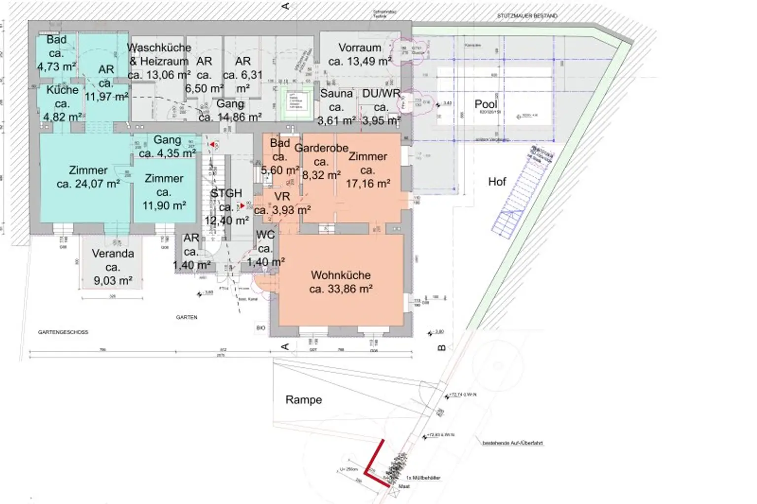 Grundriss Skizze Gartengeschoß (Top 1 + 2)