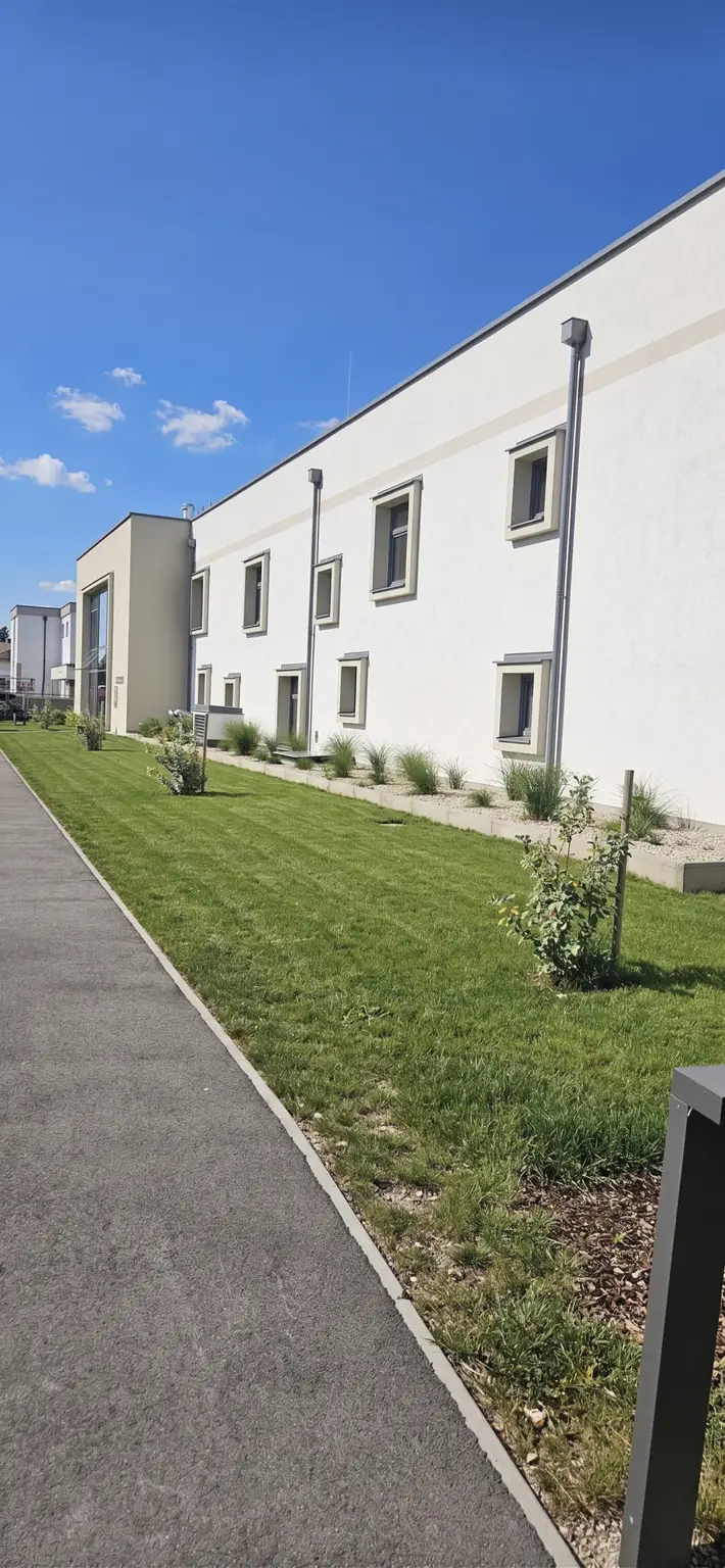Wohnhausanlage ( Rasen und Blauer Himmel mit KI Unterstützung)