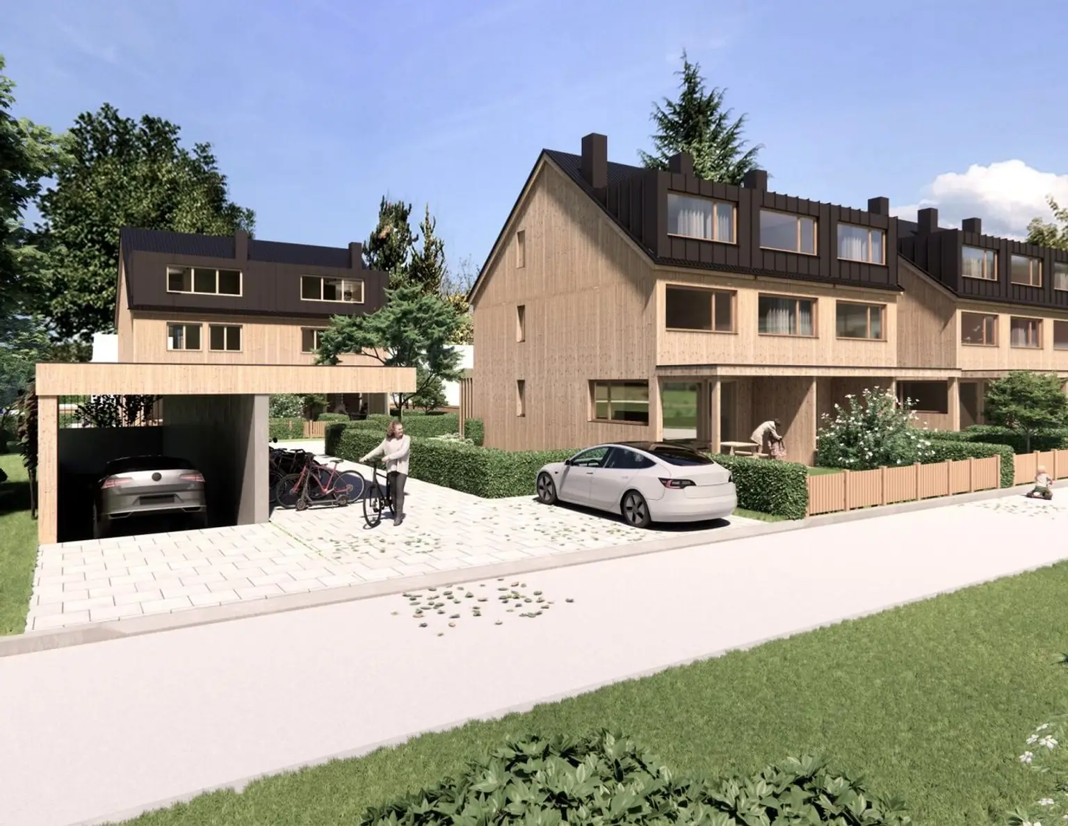 NEU - Feldkirch - Tosters -das großzügige trimana Vollholz Doppelhaus mit großem Garten, Terrasse, Studio und Tiefgarage, Baubeginn in Kürze